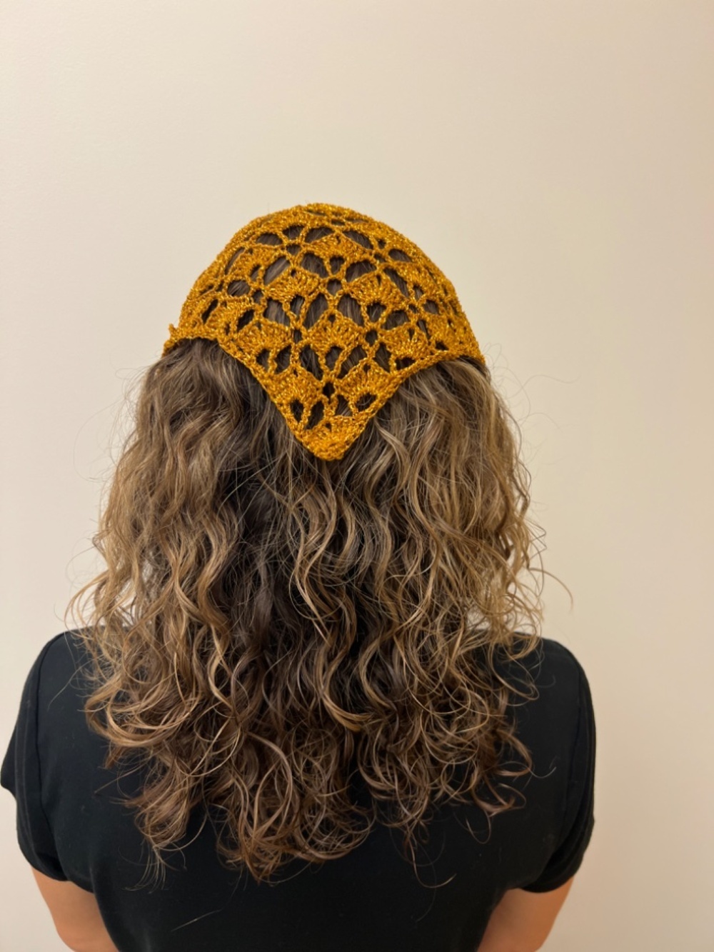 Hand made triangle bandana head scarf cotton dark yelowish w/gold lurex